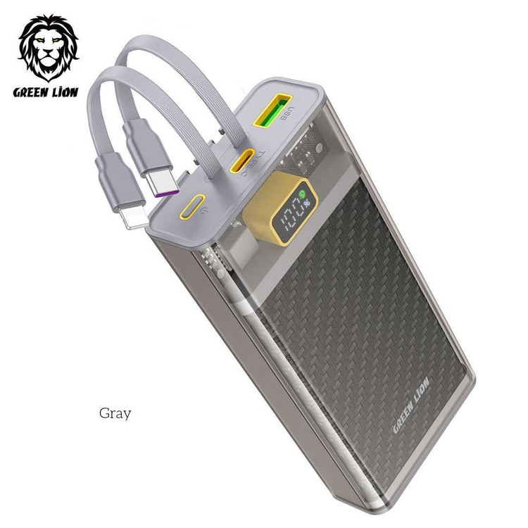 پاور بانک شیر سبز شفاف 2 با کابل های یکپارچه 20000 میلی آمپر ساعت PD 20W - خاکستری