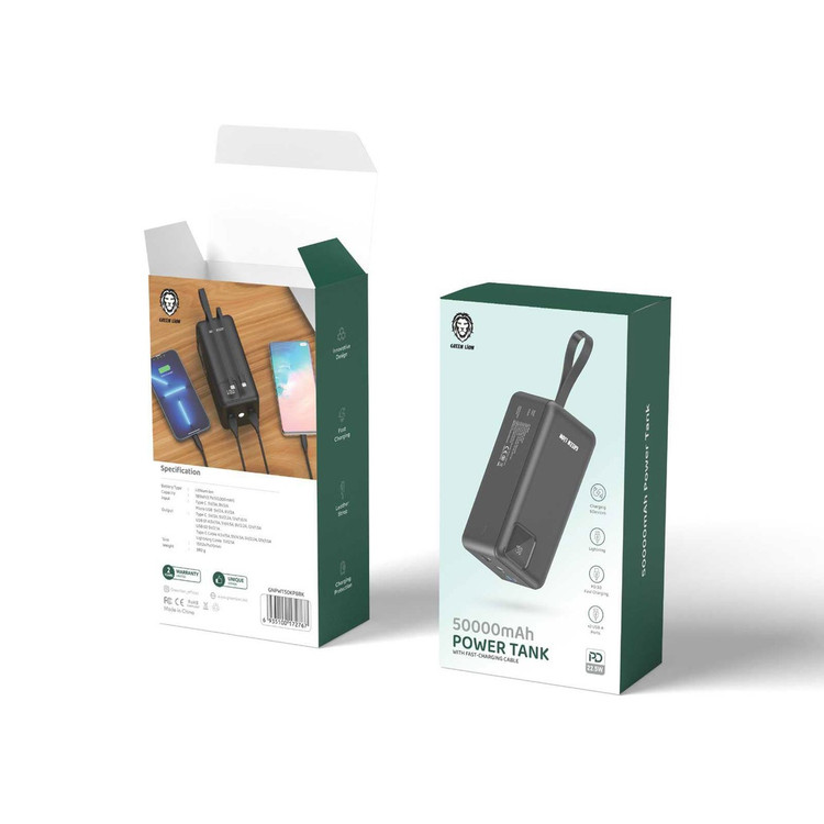 پاوربانک Green Lion Power Tank 50000mAh PD 22.5W با کابل شارژ سریع - مشکی