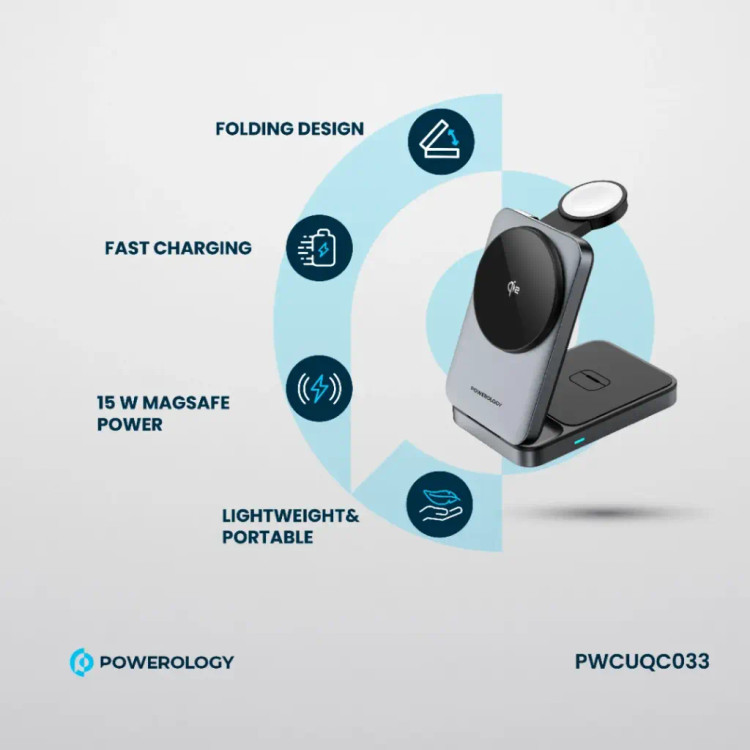 شارژر وایرلس 3 در 1 پاوررولوژی Powerology Qi2 Fast Charging Multi-Device Hub PWCUQC033