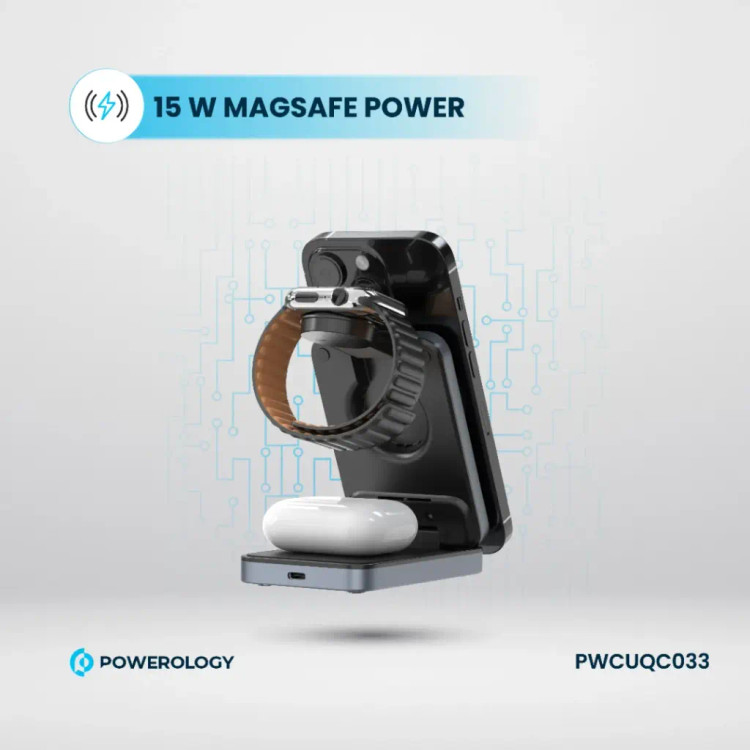 شارژر وایرلس 3 در 1 پاوررولوژی Powerology Qi2 Fast Charging Multi-Device Hub PWCUQC033