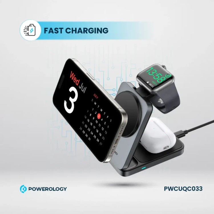 شارژر وایرلس 3 در 1 پاوررولوژی Powerology Qi2 Fast Charging Multi-Device Hub PWCUQC033