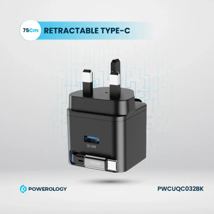 شارژر دیواری 35 وات پاورولوژی Powerology Retractable 35W GaN Charger PWCUQC032
