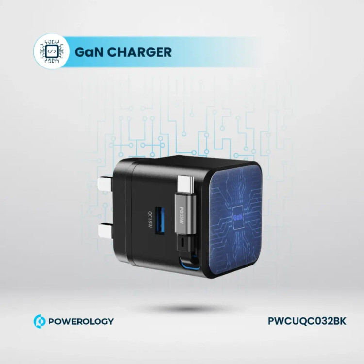 شارژر دیواری 35 وات پاورولوژی Powerology Retractable 35W GaN Charger PWCUQC032