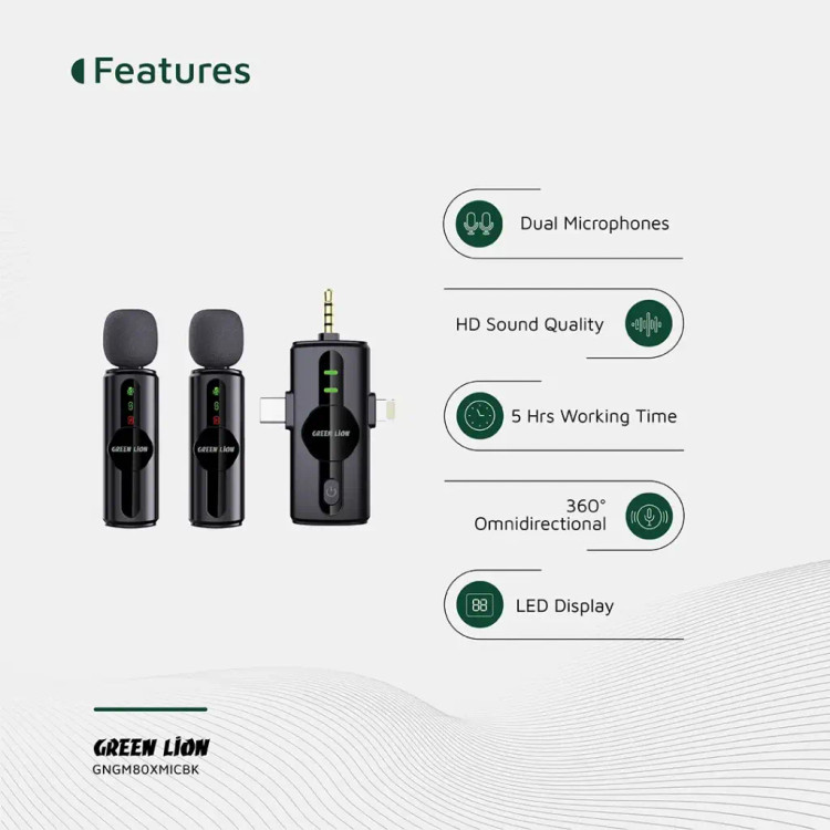 میکروفون یقه ای 2 فرستنده وایرلس گرین لاین Green Lion GM-80X Microphone 3 in 1