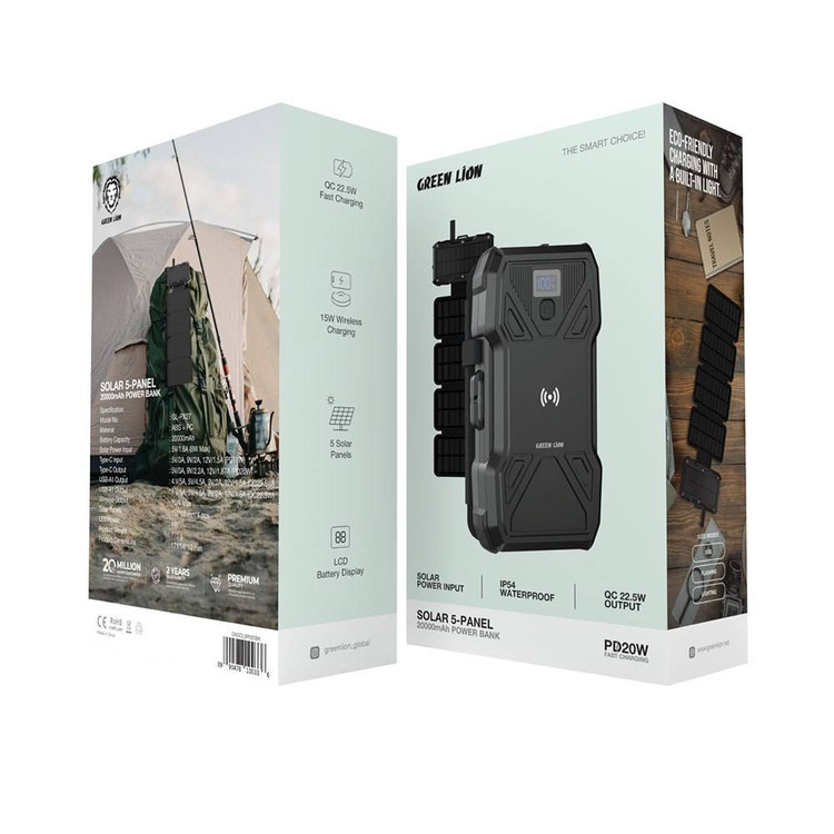 پاوربانک 5 پنل خورشیدی 20،000 گرین لاین مدل Green Lion Solar 5-Panel 20000mAh Power Bank