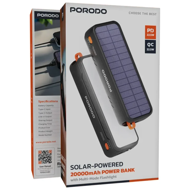 پاوربانک سولار Porodo ظرفیت 20000mAh مدل Solar-Powered با فست شارژ 22.5W