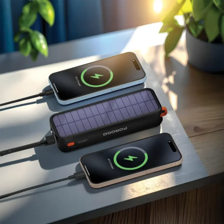 پاوربانک سولار Porodo ظرفیت 20000mAh مدل Solar-Powered با فست شارژ 22.5W